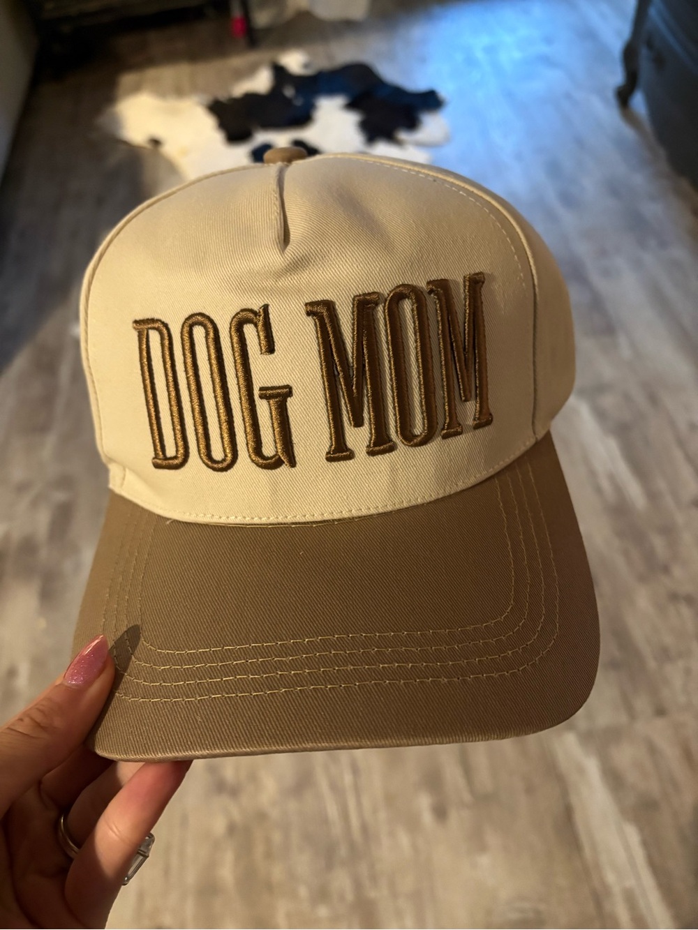 Dog Mom Embroidered Two-Tone Baseball Cap - Beige/Tan